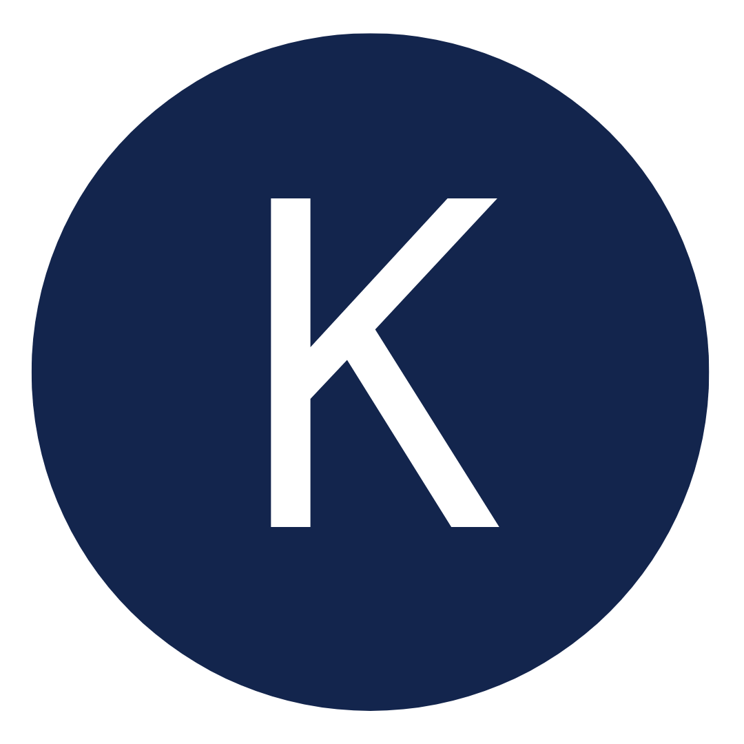 White letter K on deep blue circle background