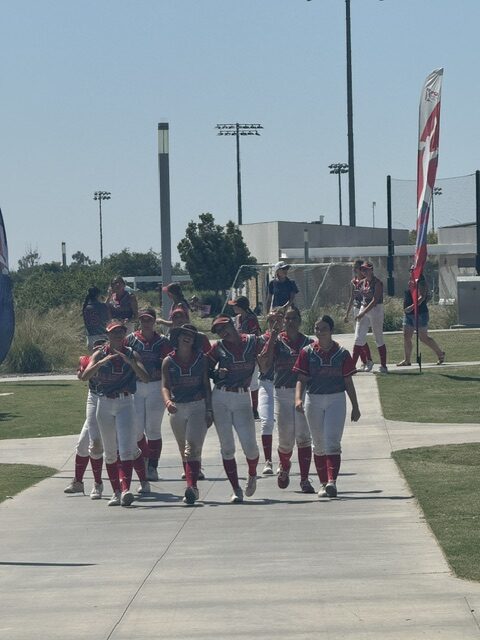 Youth baseball team walking together in uniforms