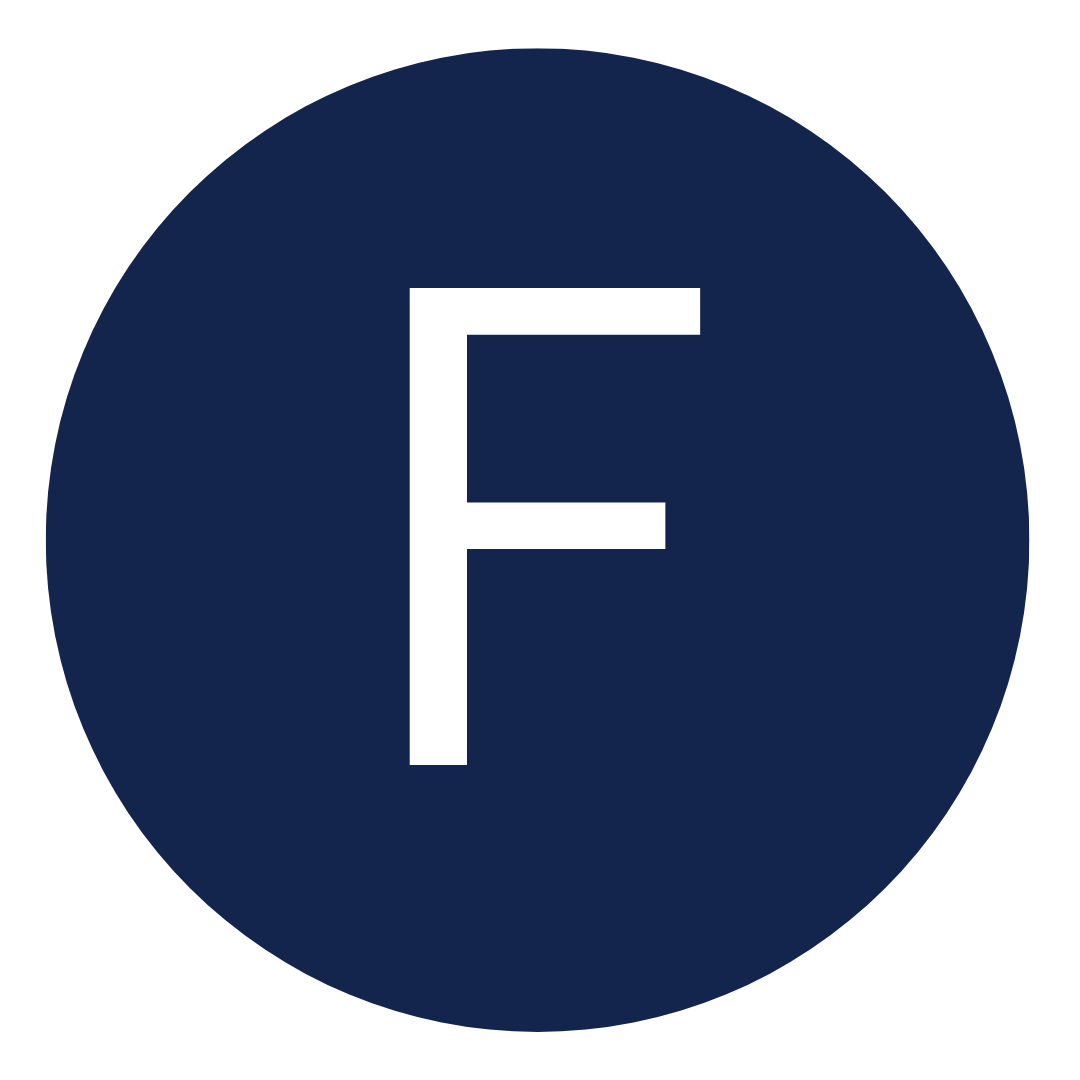 White letter F on blue circle background